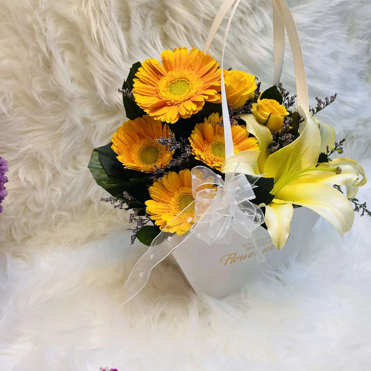 Yellow Harmony Lily, Gerbera & Rose Hexagonal Gift Bag