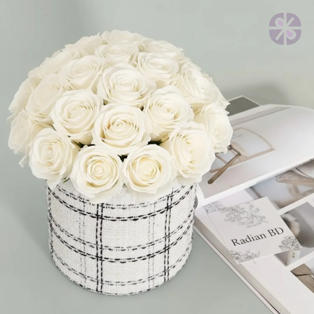 40 White Roses in Hungging Tweed Round Gift Box