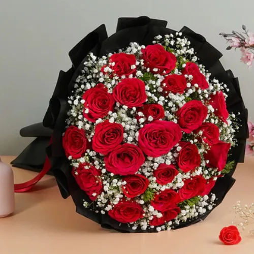 Luxury Noir Red Roses, Baby's Breath & Black Wrap Statement