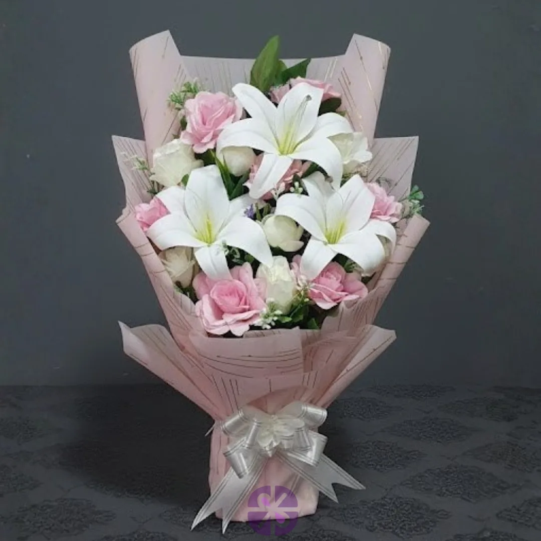 Sweet Serenity Artificial Pink & White Rose Lily Bouquet
