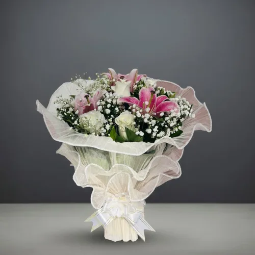The Serene Luxury Bouquet: Pink Lily, White Rose & Baby's Breath