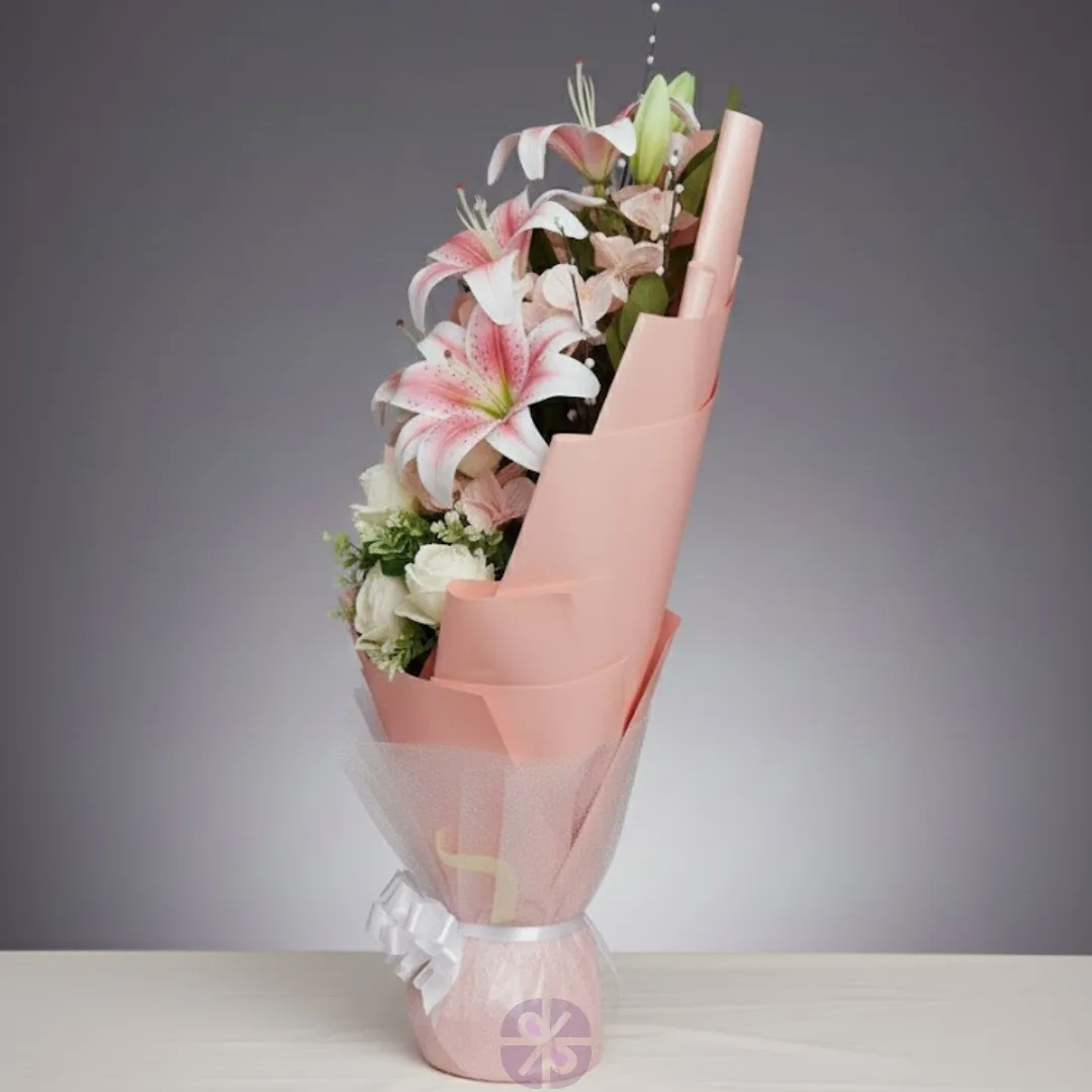 Artificial White Rose, Pink Lily & Orchid Stand Bouquet