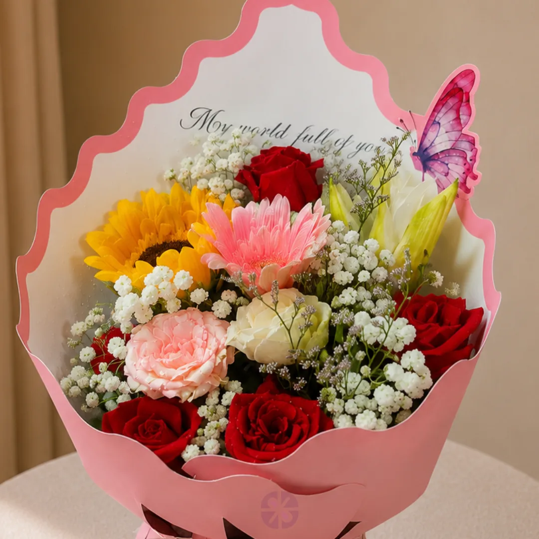 Premium Mixed Fresh Flower Butterfly Bouquet in Pink Crown Wrap