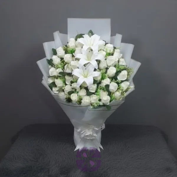 Eternal Purity Artificial White Rose & Lily Stand Bouquet