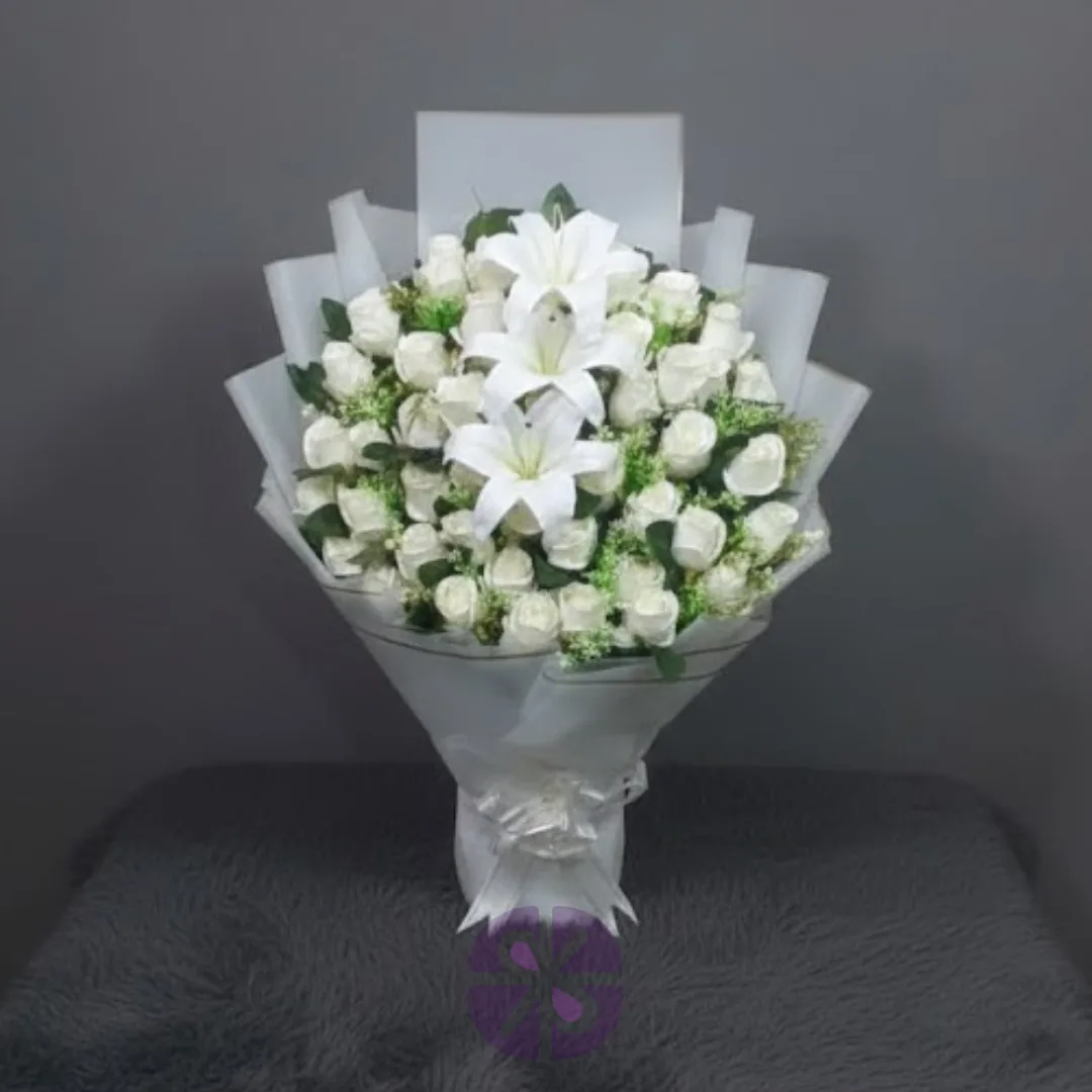 Eternal Purity Artificial White Rose & Lily Stand Bouquet