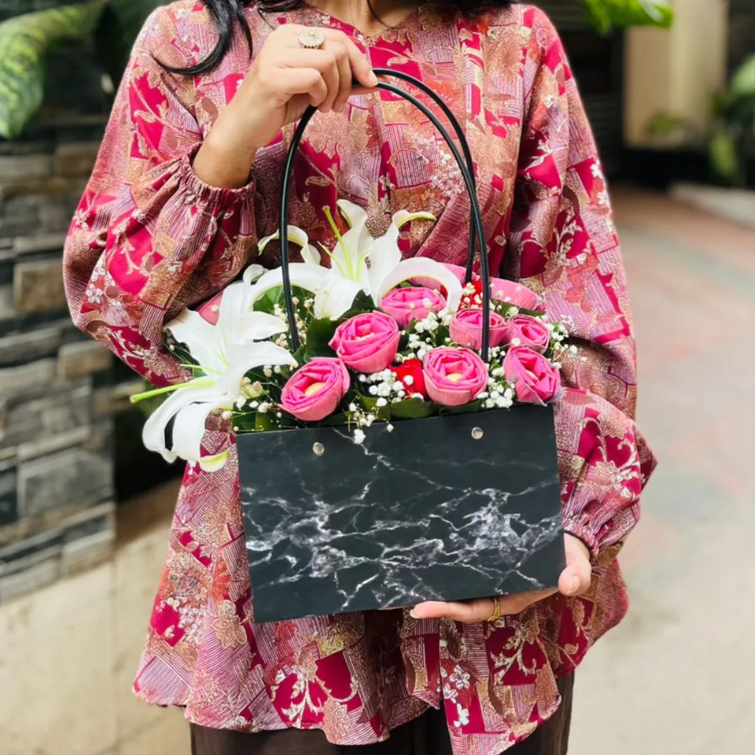 Padma Flower & White Lily with Modern Marble Black Bag