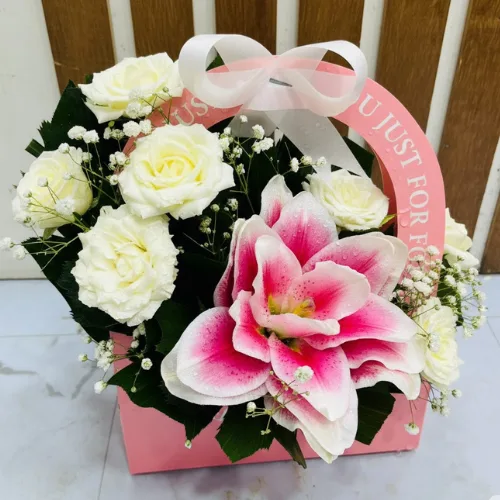 The "Just For You" Elegance Pink Lily & White Rose Mix Gift Box