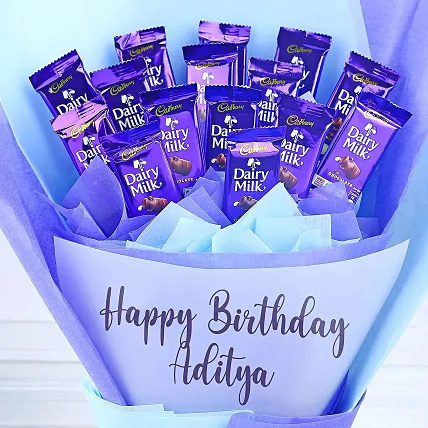 Birthday Dairy Milk Chocolate Bouquet with Custom Message & Elegant Blue Wrap – Sweet Celebration Surprise