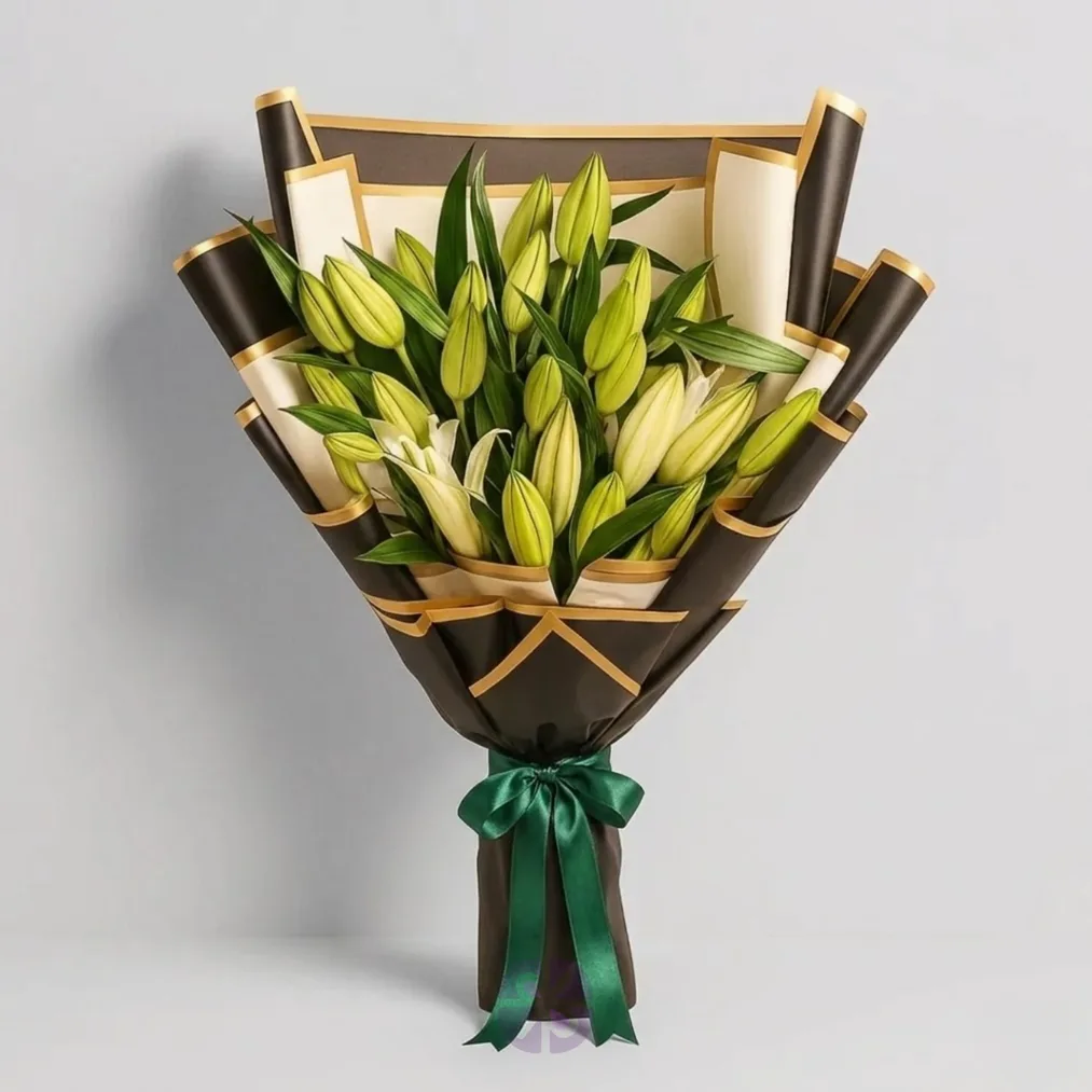 8 Sticks Fresh White Lily Bouquet in Gold-Trimmed Black Wrap