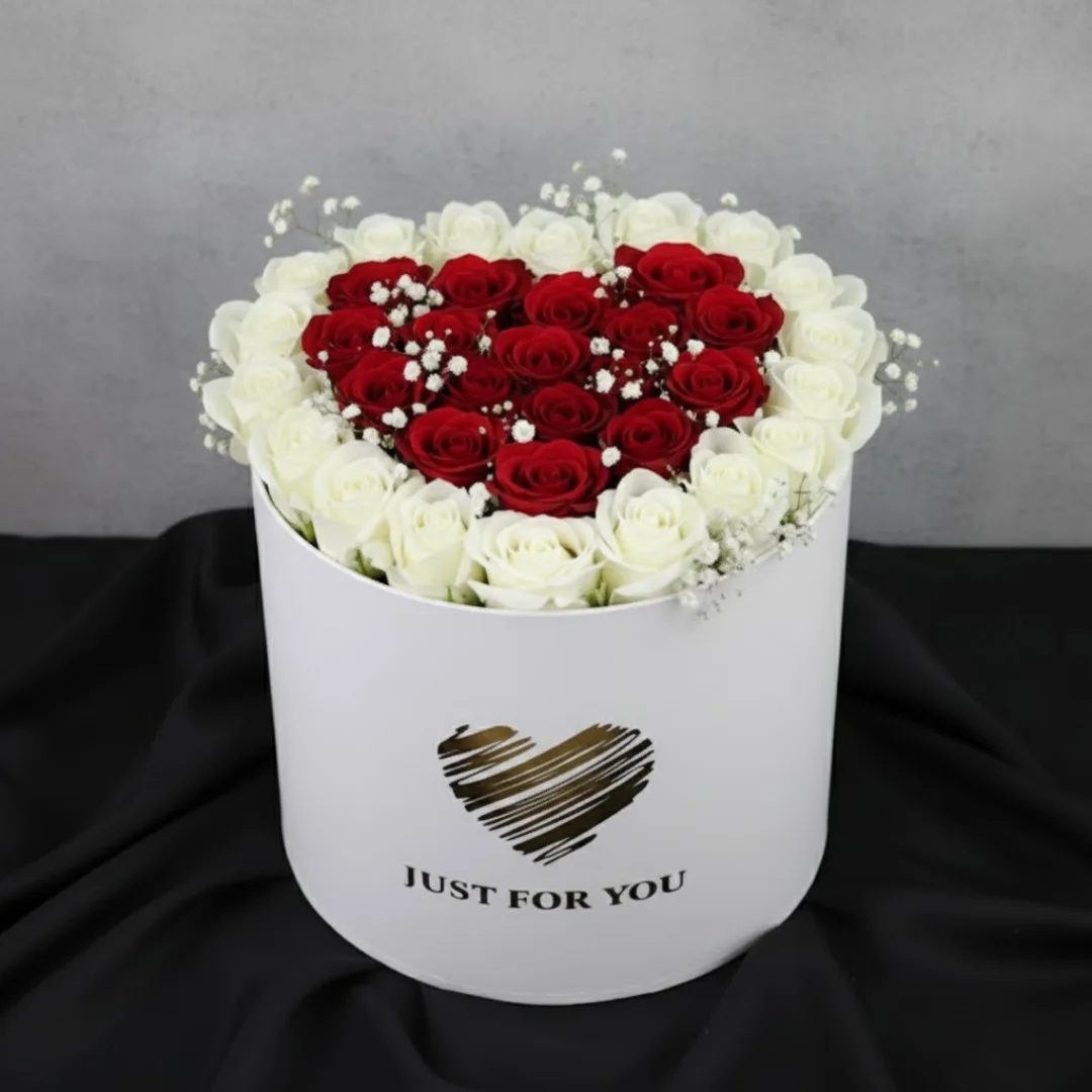 Elegent Red & White Rose Heart Arrangement in "Just For You" Round Box