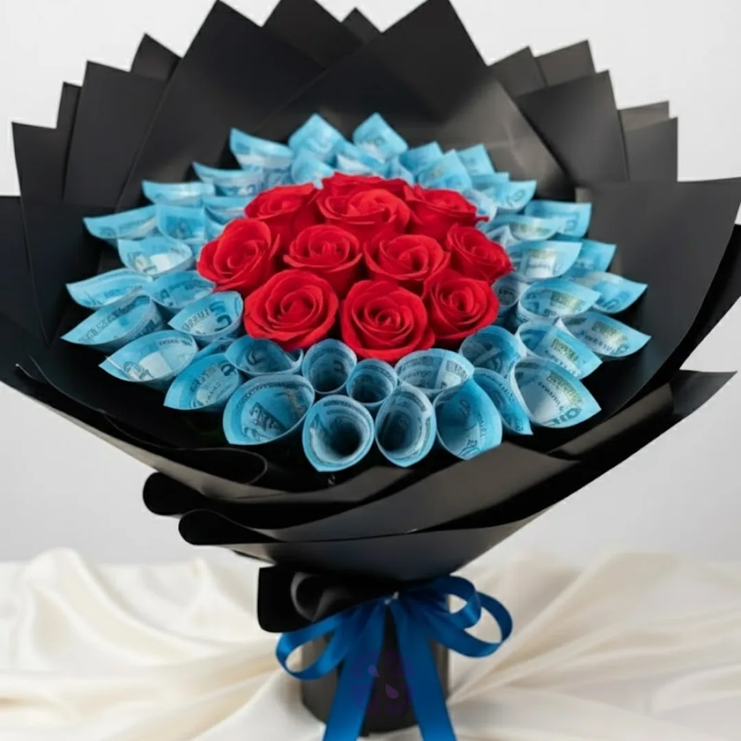 50-Note Money Bouquet 100 Taka & Red Rose in Black Wrap