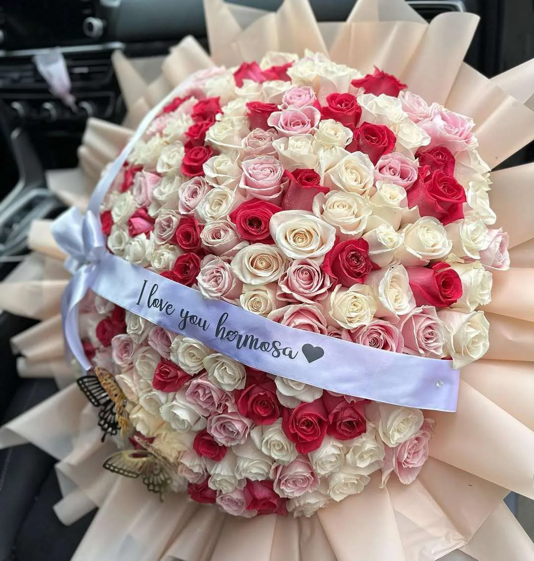 “I Love You ” Pink & White Rose Bouquet with Golden Butterflies