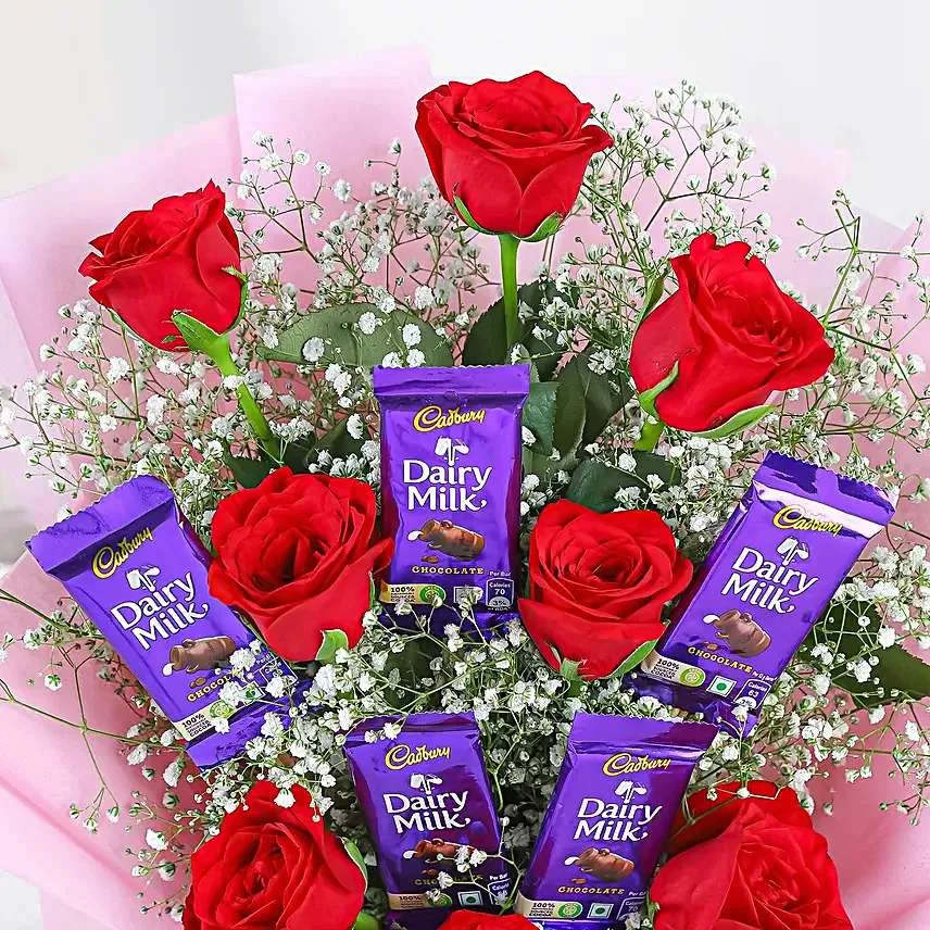Red Rose & Dairy Milk Chocolate Bouquet with Pink Wrapping