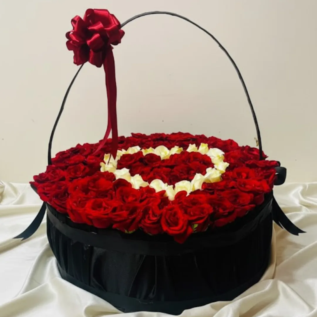 100 Premium Red Rose Heart Shape Black Basket Arrangement