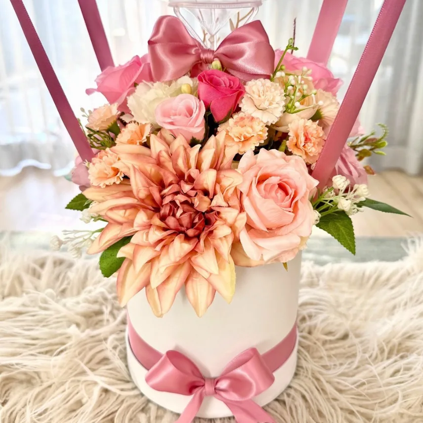 Welcome Home Balloon Flower Hamper – Personalized Pink Hot Air Balloon Gift with Silk Flowers