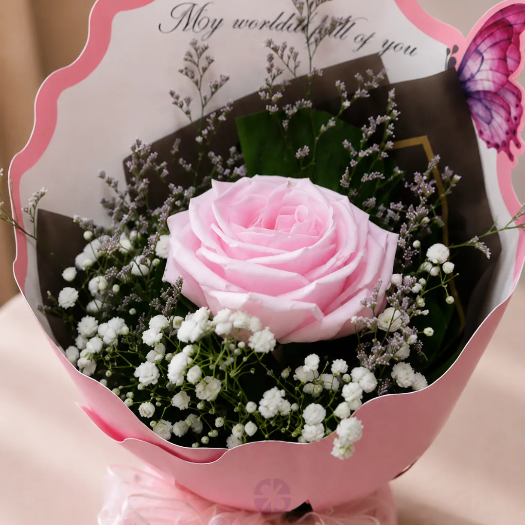 Premium Single Chinese Baby Pink Rose Bouquet with Crown Wrap