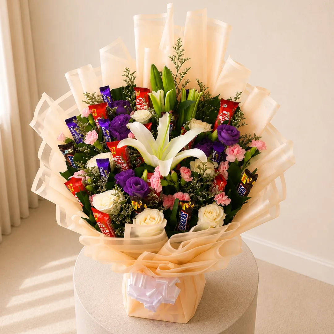 The Sweet Surprise Deluxe Flower & Chocolate Combo Bouquet