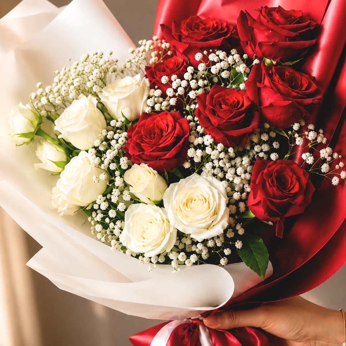 Premium Red and White Rose Fusion Hand Bouquet