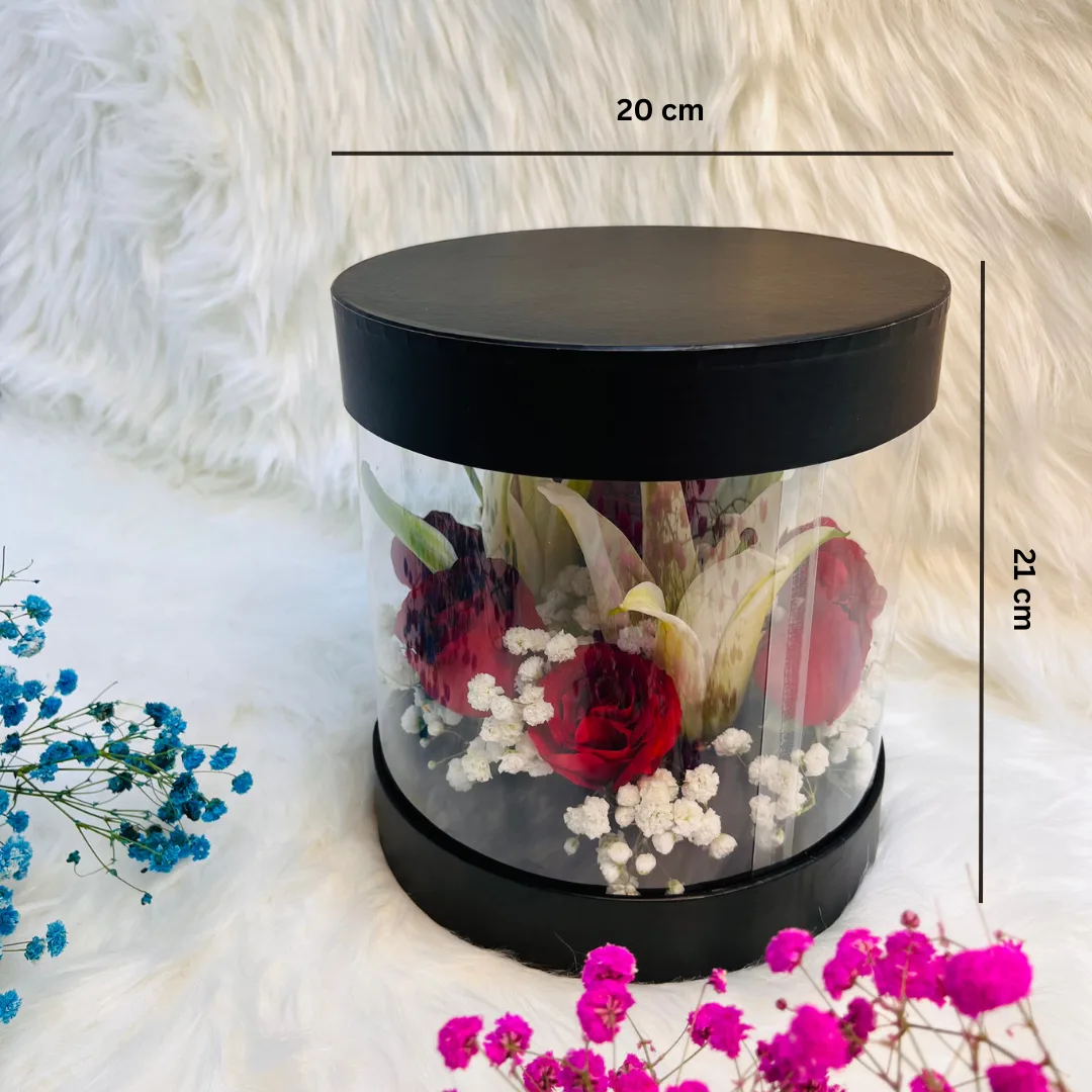 Red Rose & White Lily Arrangement in Transparent Black Round Gift Box