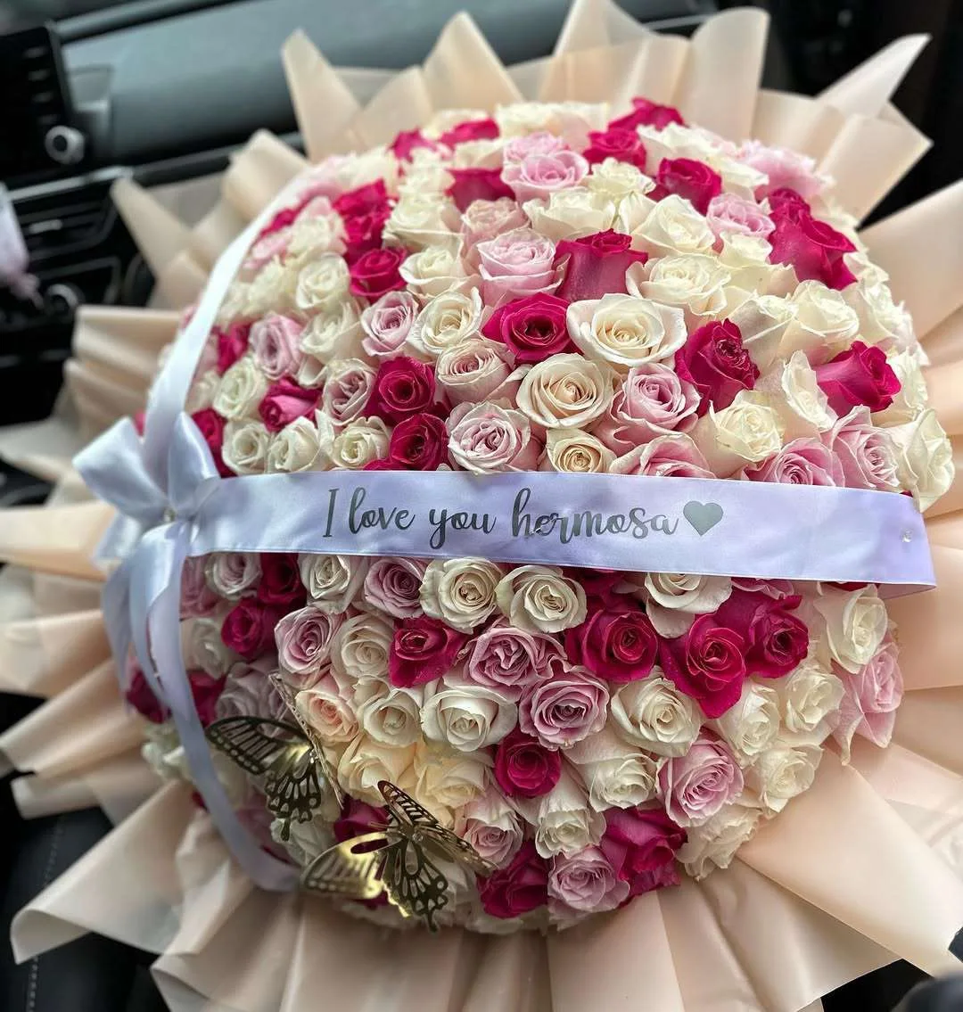 “I Love You ” Pink & White Rose Bouquet with Golden Butterflies