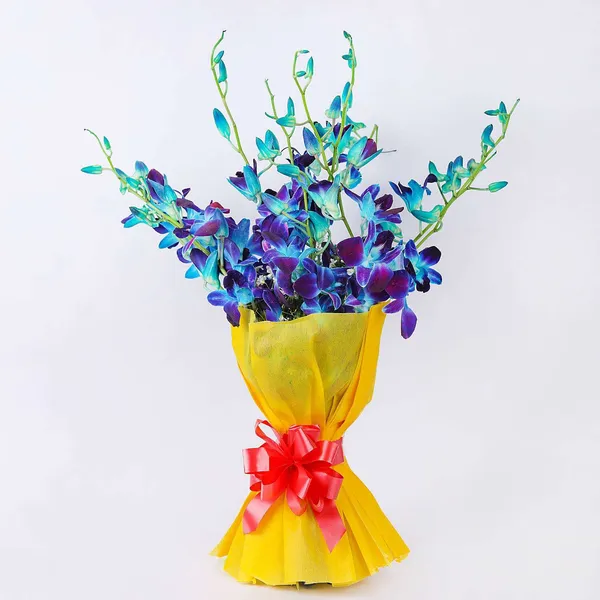 Vibrant Blue Orchid Bouquet with Yellow Wrap