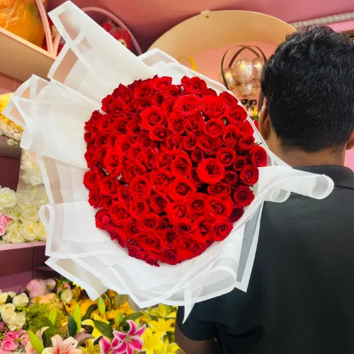 Premium 100 Fresh Red Roses Bouquet with Elegant White Wrapping & Red Ribbon
