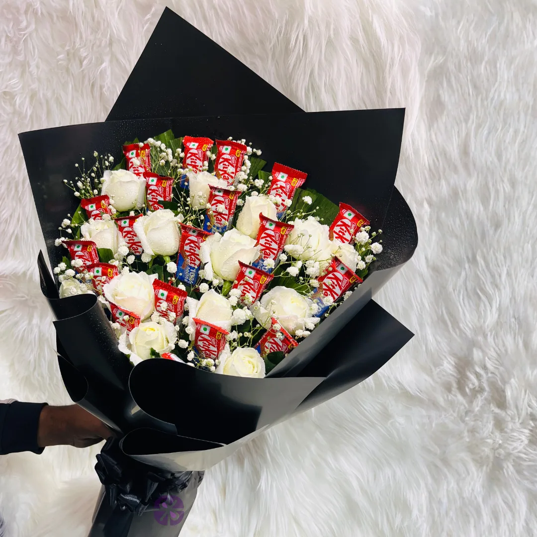 20 KitKat and White Rose Hand Bouquet in Black Wrap