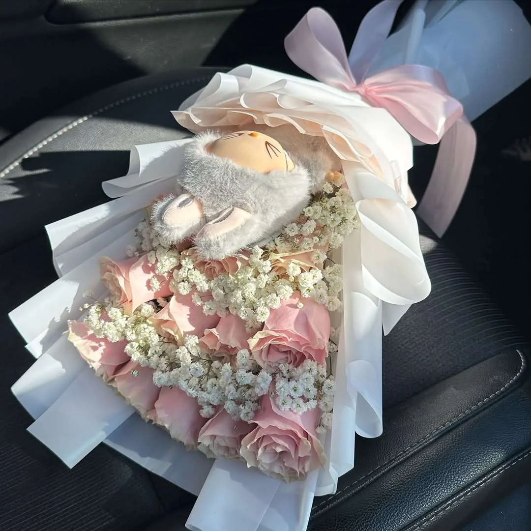 Cute Pink Rose Bouquet with Baby Bunny Plush
