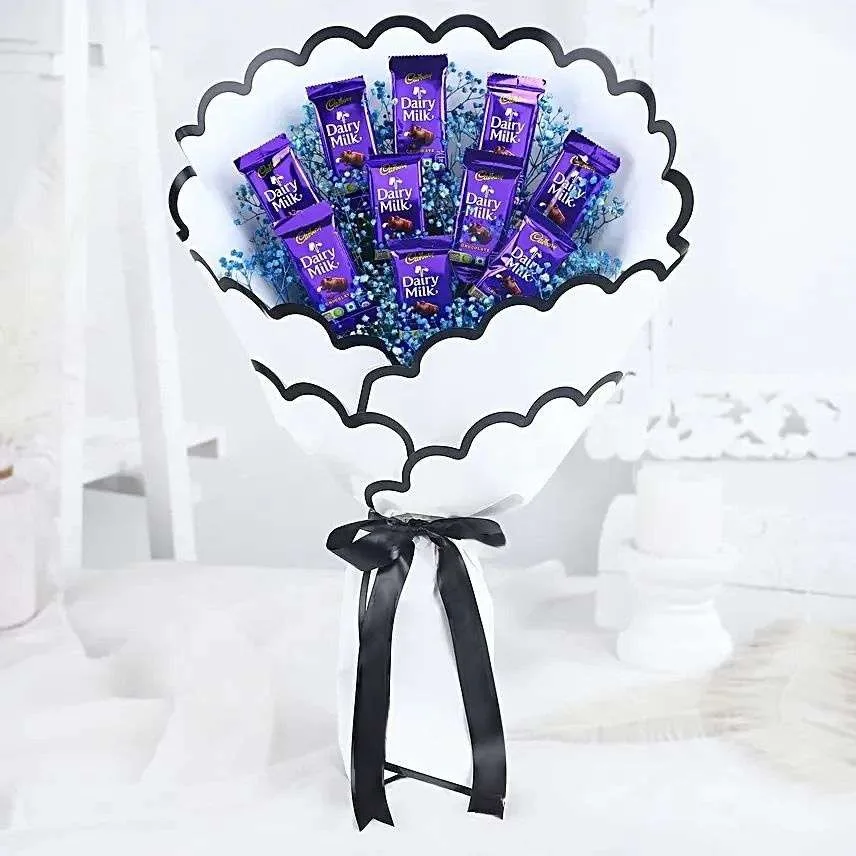 Elegant Dairy Milk Chocolate Bouquet with White Wrap & Gypsy Flowers