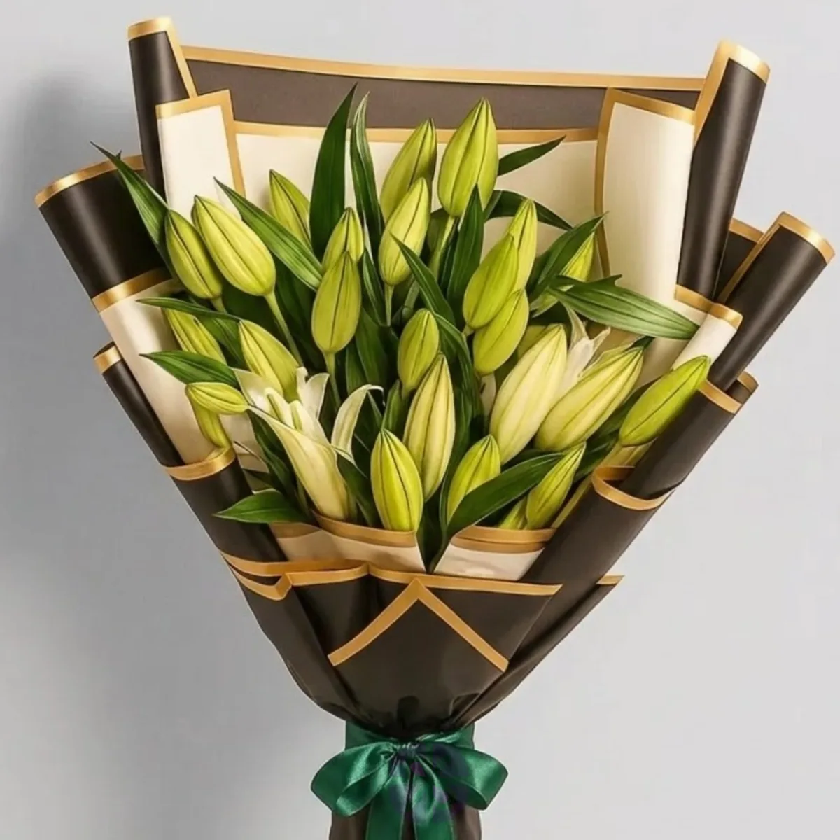 8 Sticks Fresh White Lily Bouquet in Gold-Trimmed Black Wrap