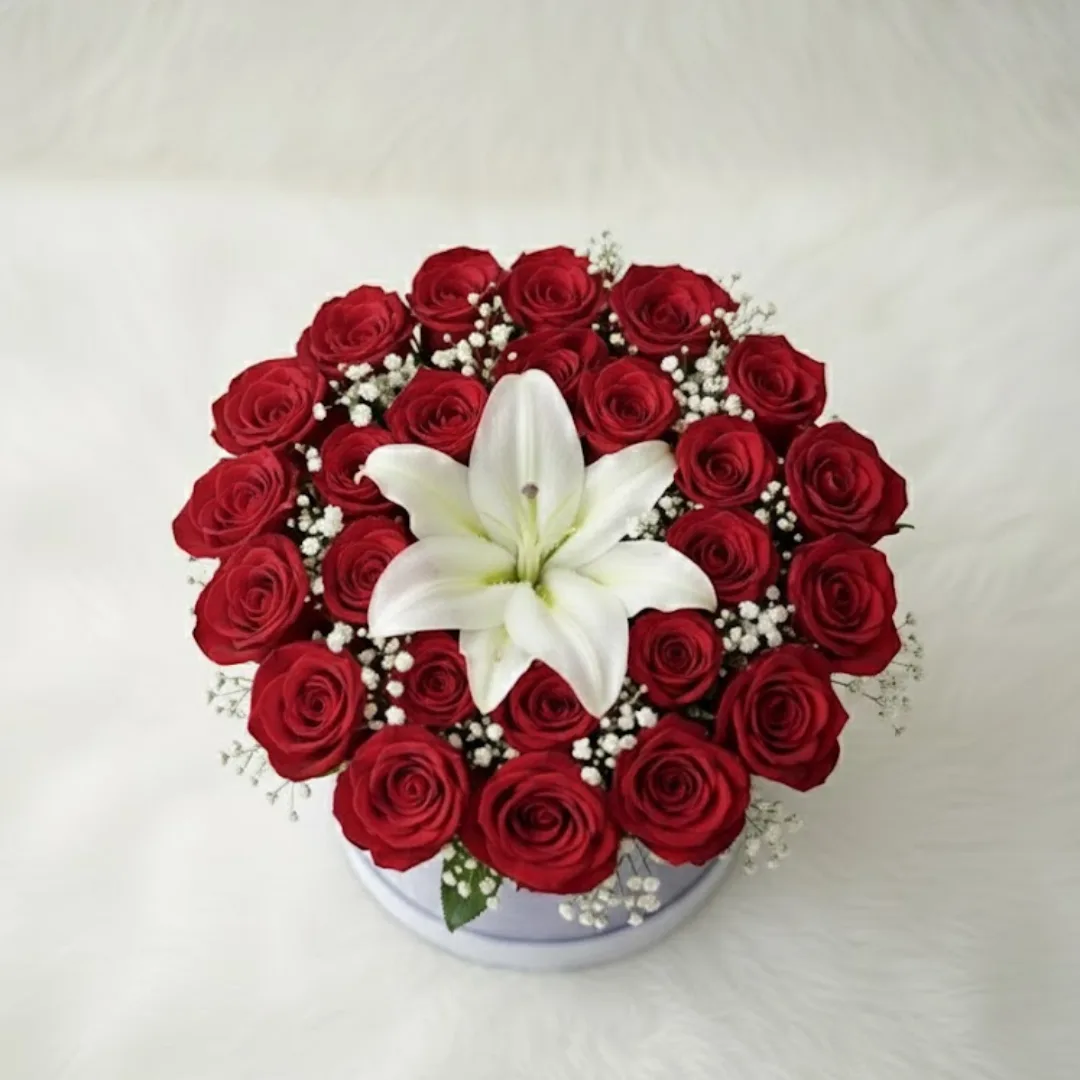 Elegant Red Rose & White Lily Arrangement in Premium Velvet Round Hat Box