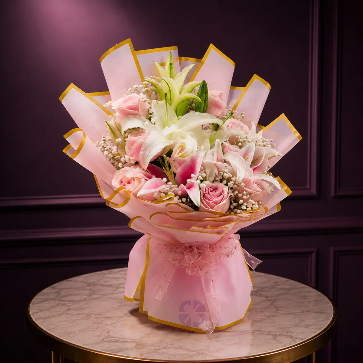 Premium Pink & White Lily with Pink Rose Stand Bouquet