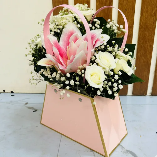 The Spring Purity Pink Box Lily & White Rose Arrangement