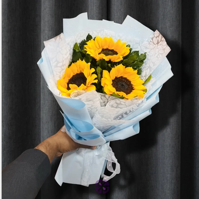 3-Sunflower Hand Bouquet in Sky Blue Floral Wrap