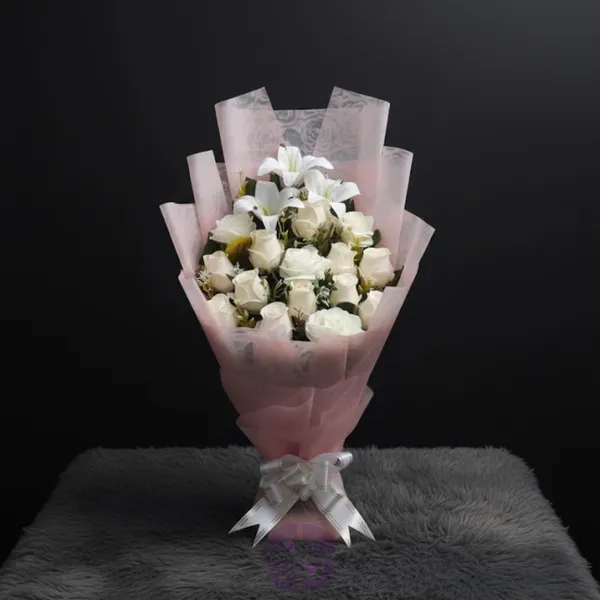 Purity in Bloom Artificial Eternal White Rose & Lily Stand Bouquet