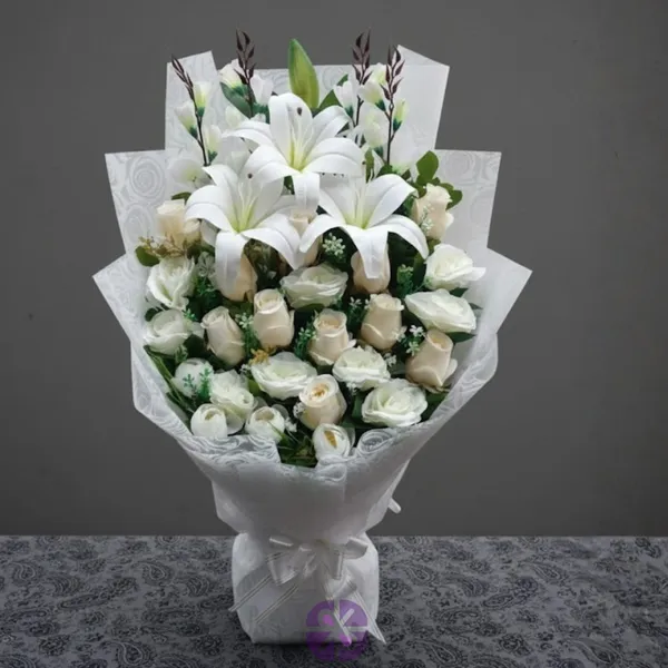 Gentle Affection Artificial White Lily and White Rose Stand Bouquet