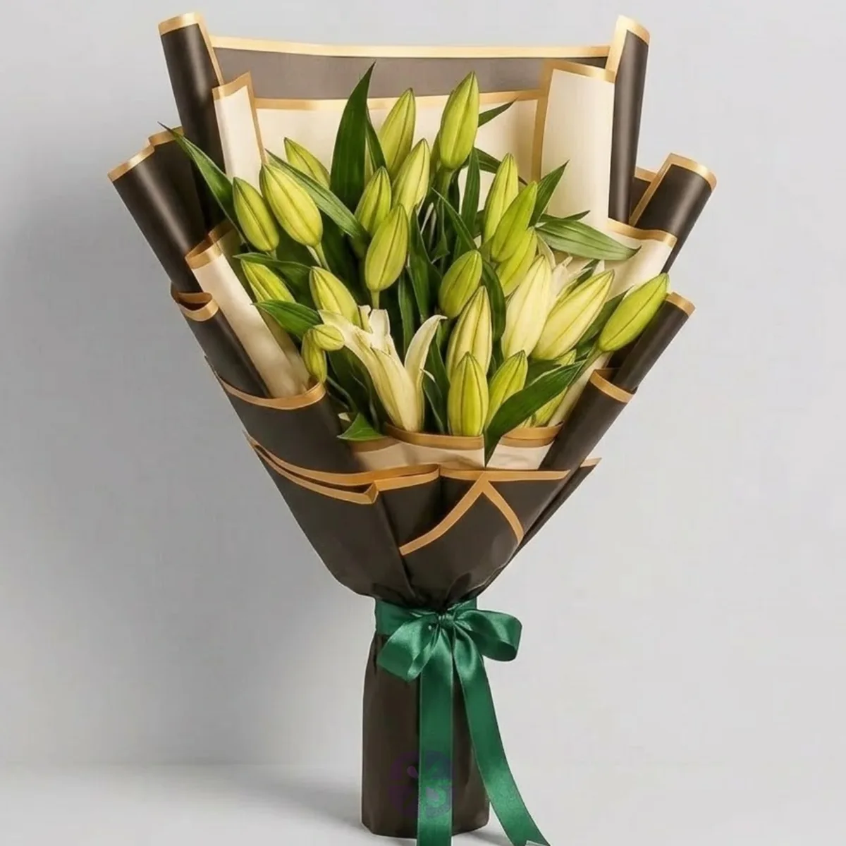 8 Sticks Fresh White Lily Bouquet in Gold-Trimmed Black Wrap