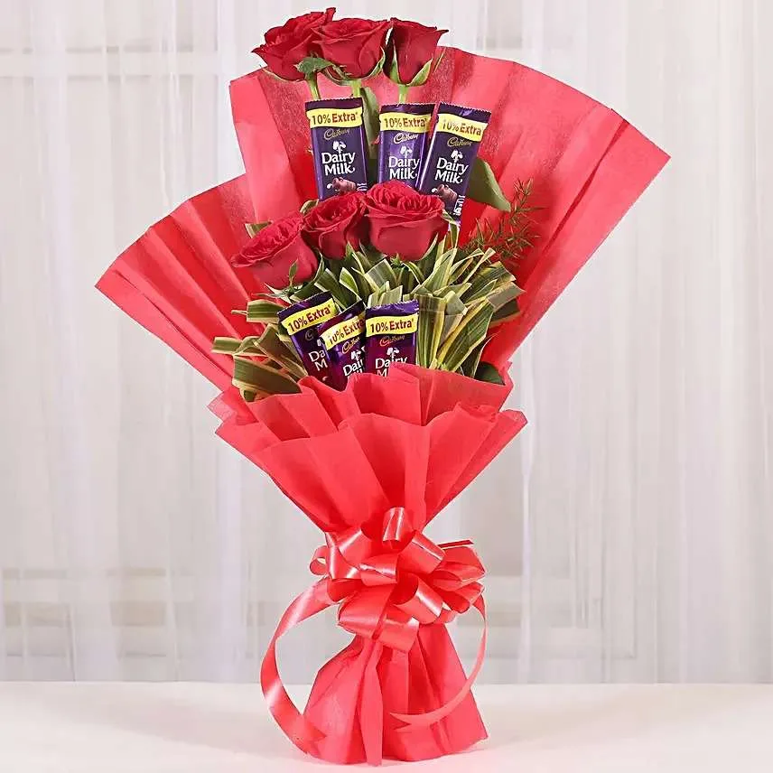 Romantic Red Rose & Dairy Milk Chocolate Bouquet with Red Wrapping