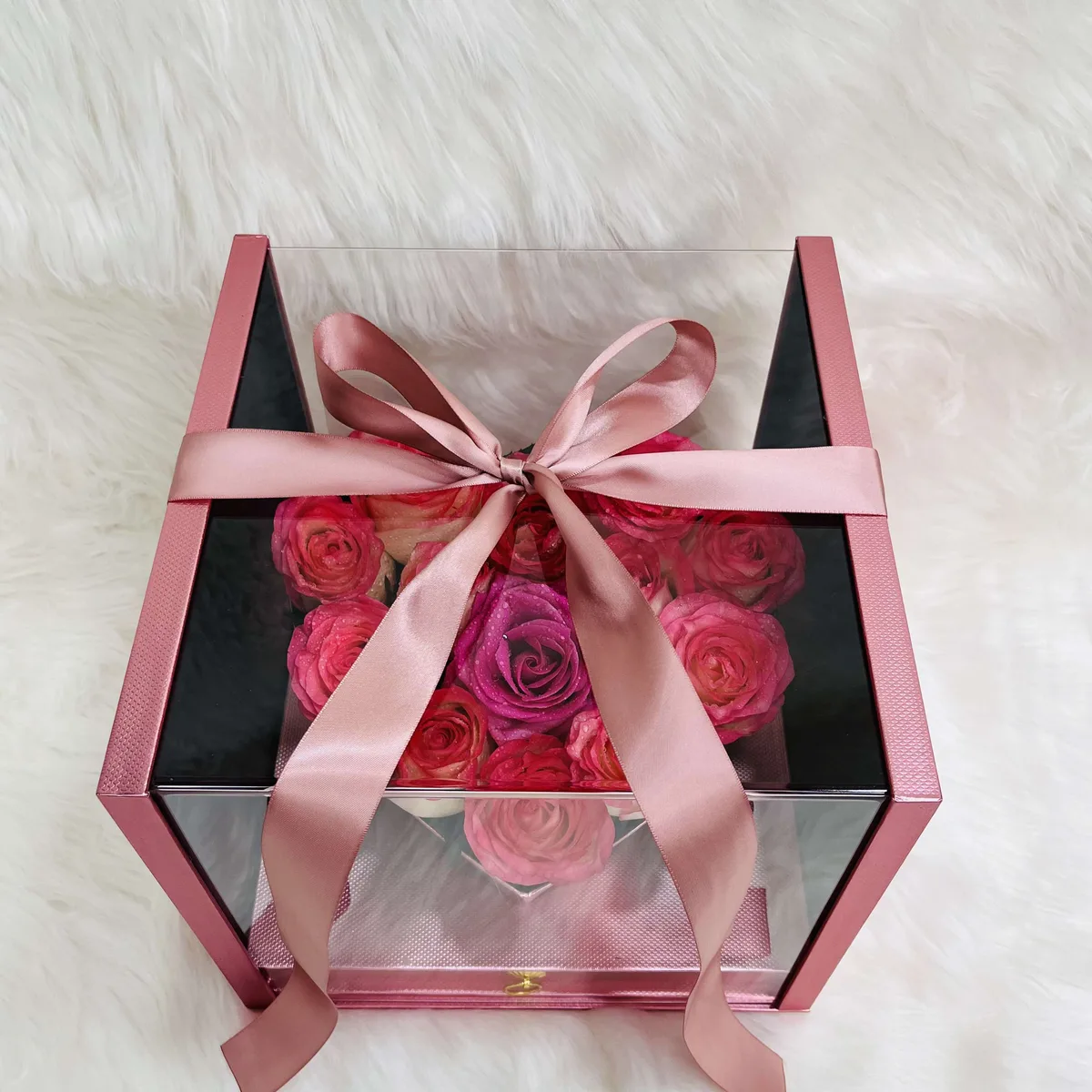 Pink Rose Heart in Luxury Acrylic Window Box with Hidden Ferrero Drawer