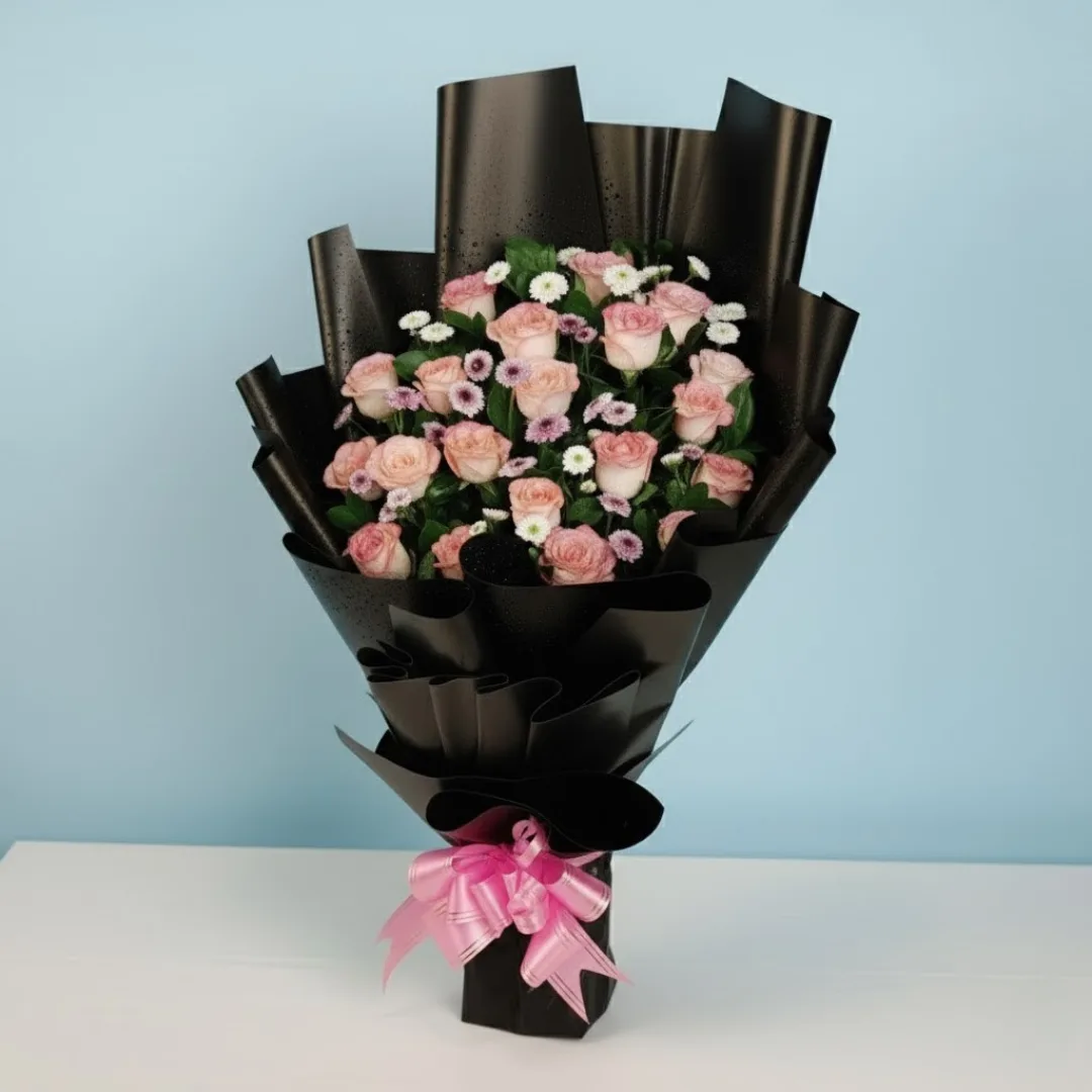 Pink Roses & Chrysanthemum Bouquet in Black Wrap