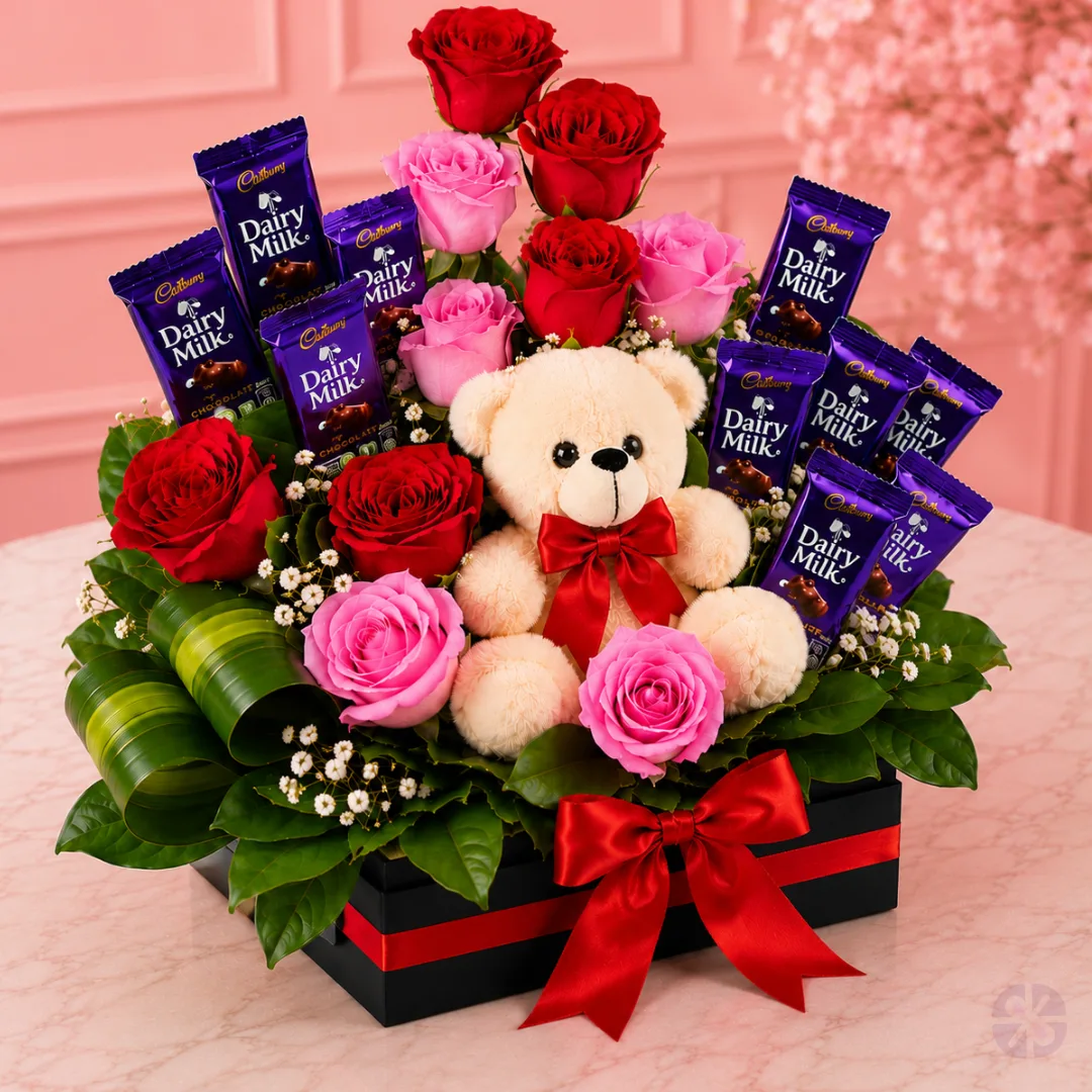 Teddy, Roses & Dairy Milk Chocolate Basket
