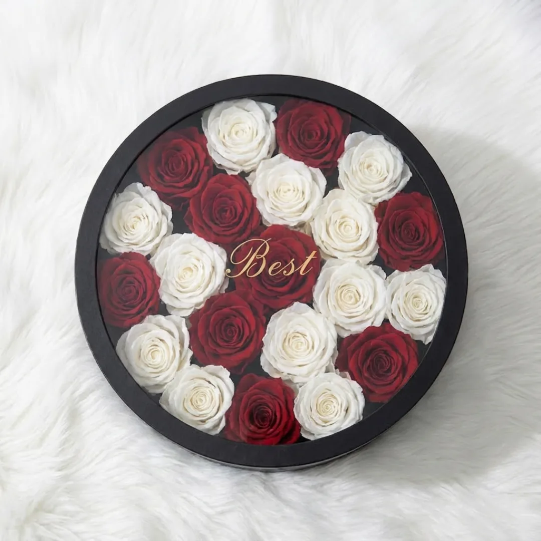 Premium Red and White Rose Arrangement in Black Round Box