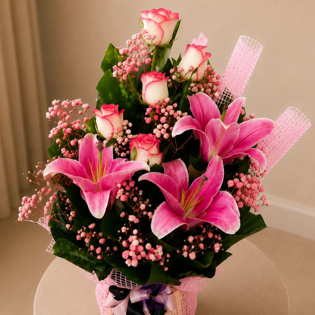 Pink Lily & Pink Shade Rose Bouquet: The Serenity Bloom