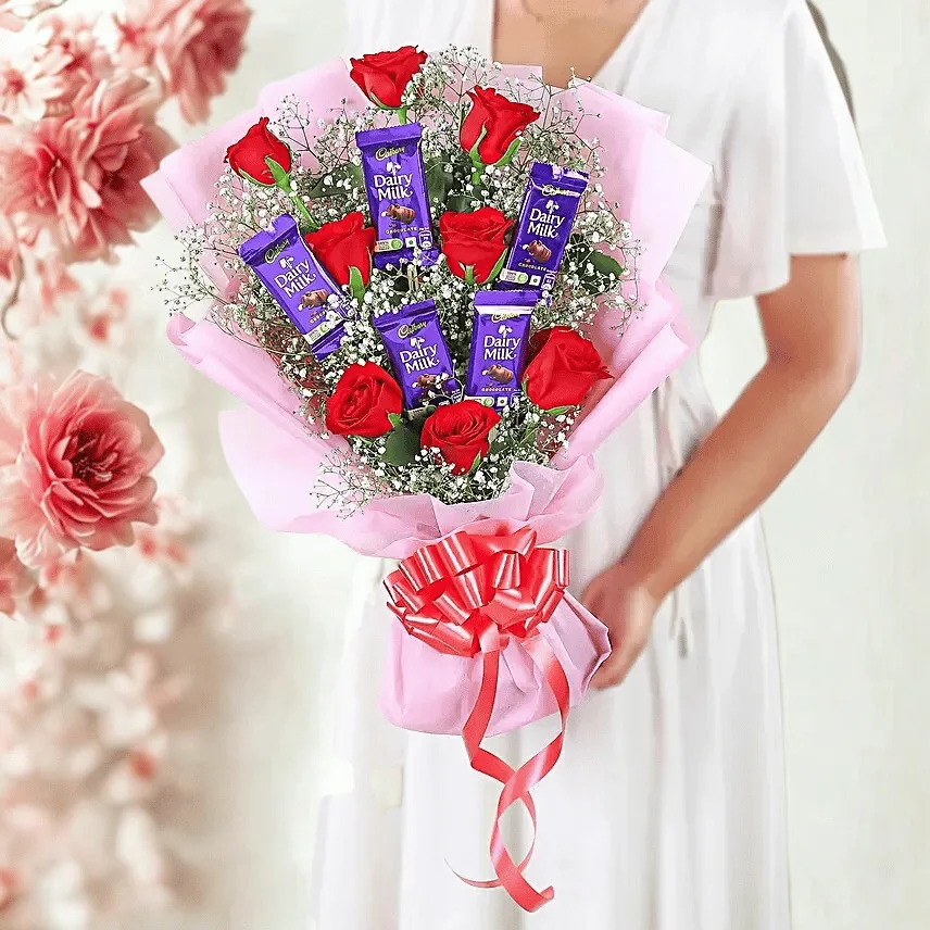 Red Rose & Dairy Milk Chocolate Bouquet with Pink Wrapping