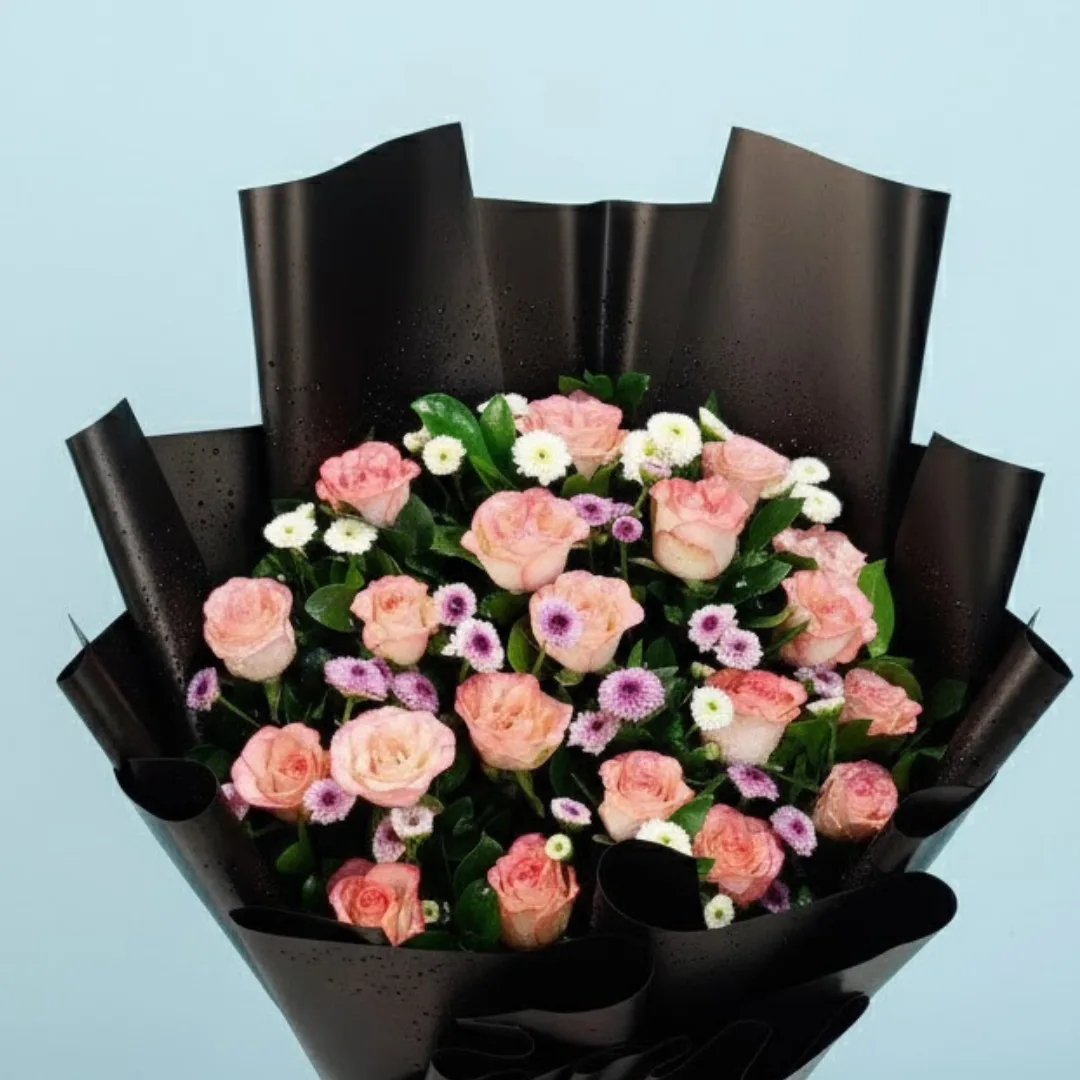 Pink Roses & Chrysanthemum Bouquet in Black Wrap
