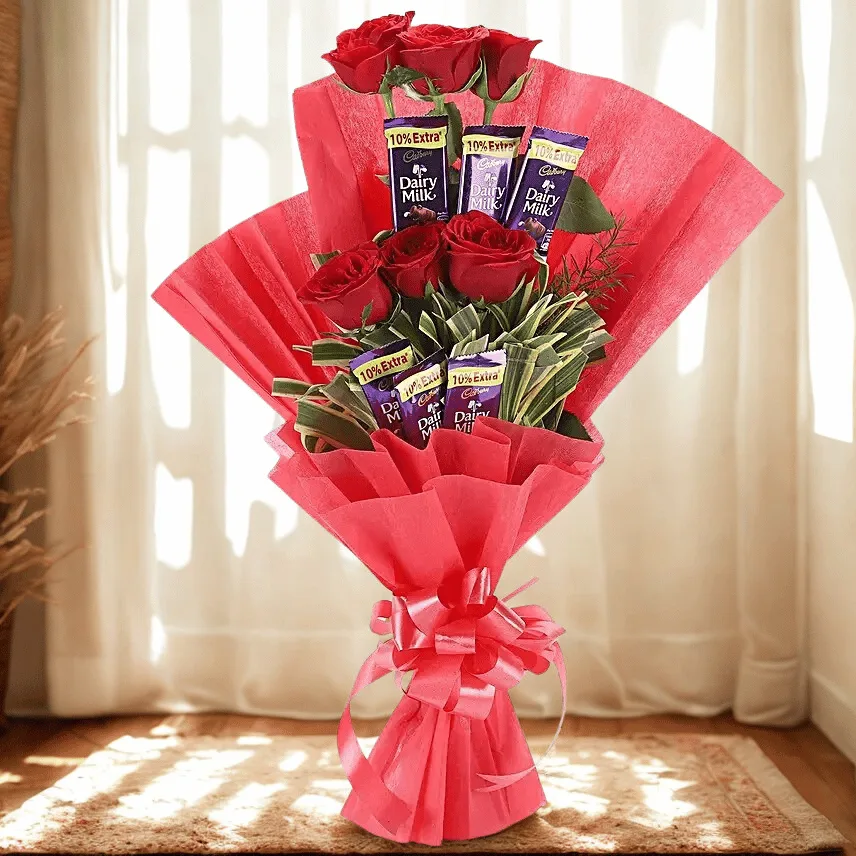 Romantic Red Rose & Dairy Milk Chocolate Bouquet with Red Wrapping
