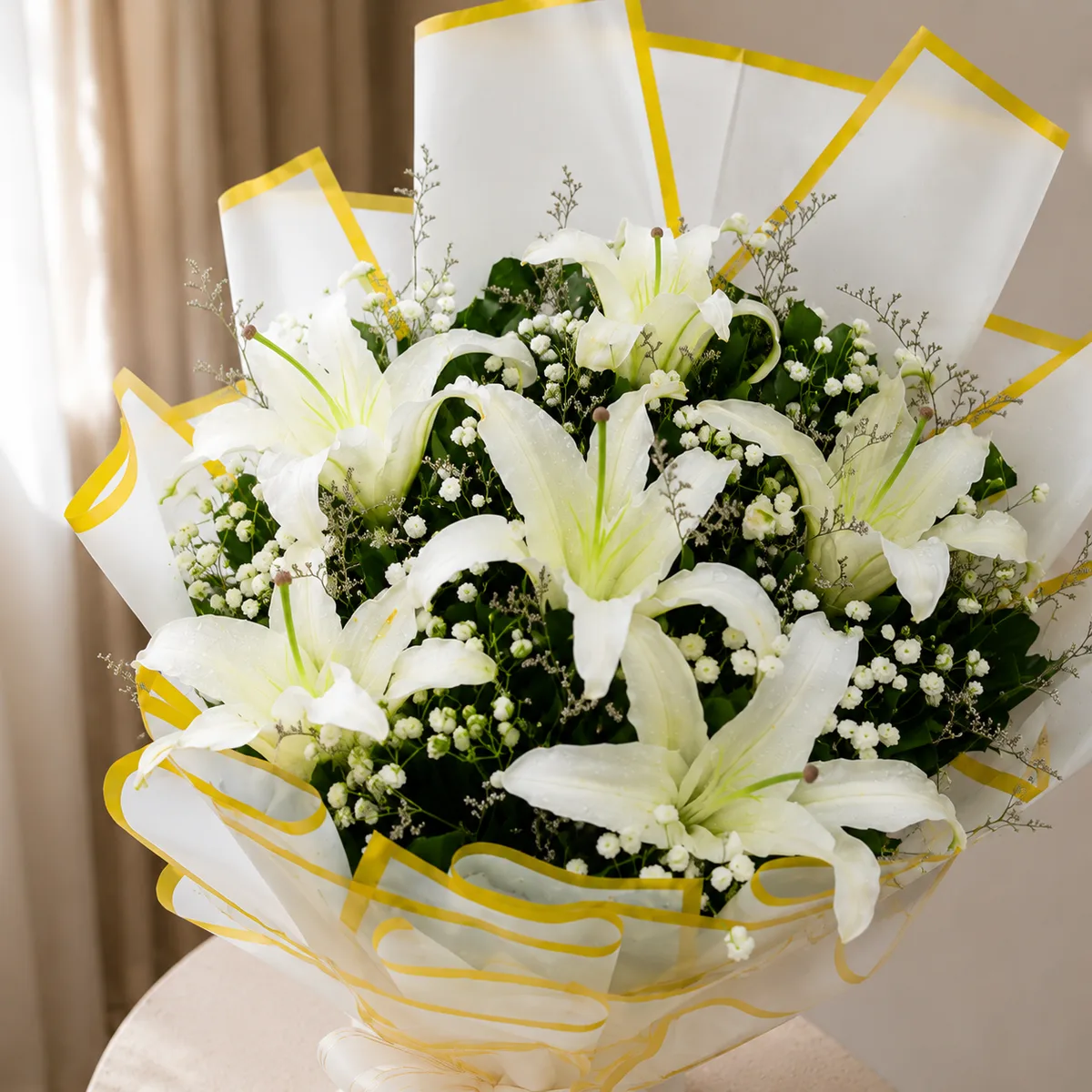 Purest Affection White Lily and Baby's Breath Standing Bouquet