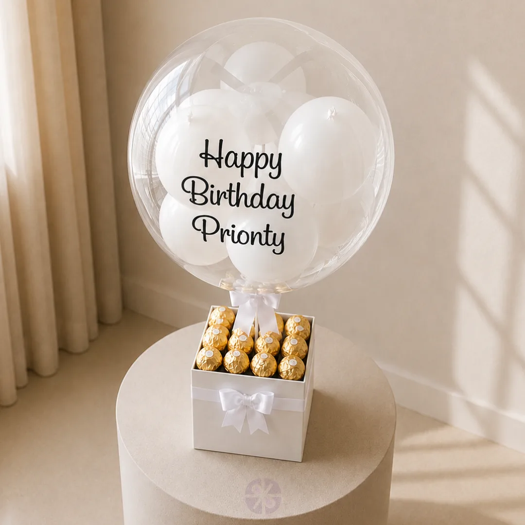 Elegant White Balloon Box with Ferrero Rocher