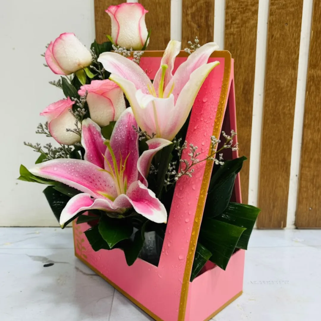 Pink Fantasy Chinese Lily and Pink Shade Roses Box Arrangement