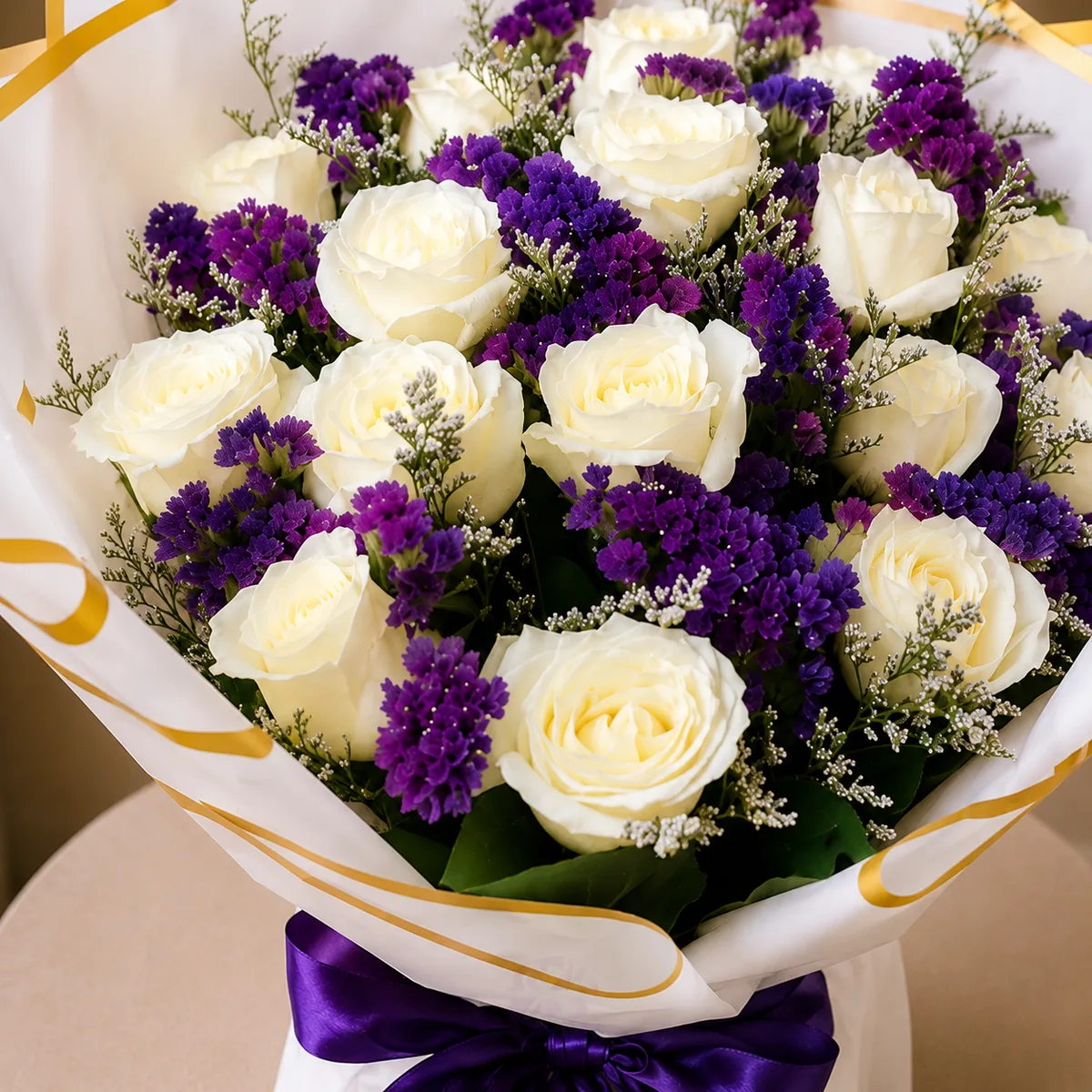 Royal Contrast White Rose & Purple Statice Bouquet